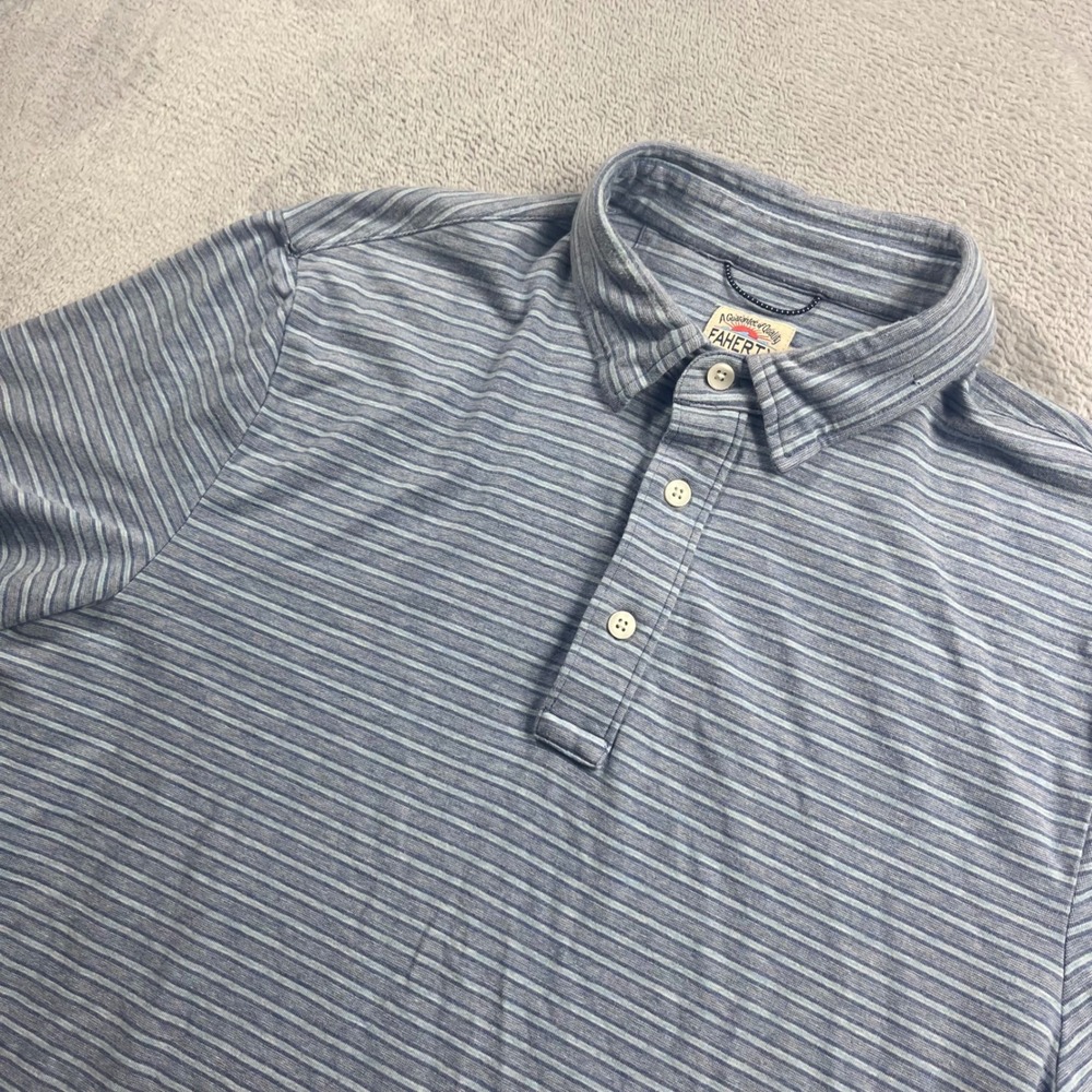 Faherty Brand Mens Blue White Striped Short Sleeve Polo Shirt Size M